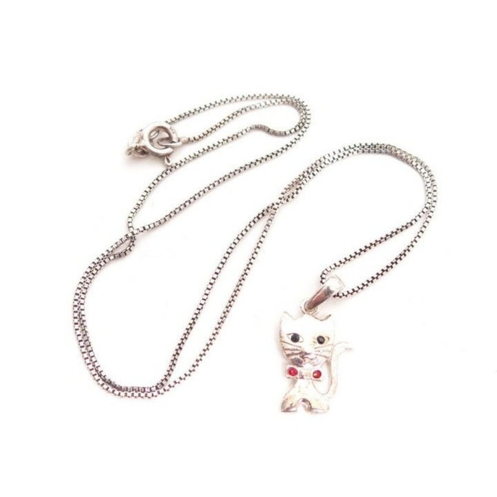 Sterling Silver Kitty Cat Pendant Charm Chain Necklace